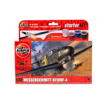This view shows the packaging of the Airfix Messerschmitt Bf109F-4 Starter Set - Scale 1:72. Thumbnail.