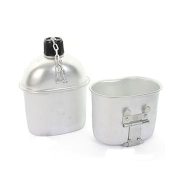 Metal American Army Water Bottle with black twist top closure and small chain with metal cup