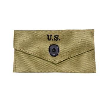 Front of khaki canvas American Khaki First Aid Pouch with one black popper style button closure. The closure flap has U.S. stamped in black in the middle