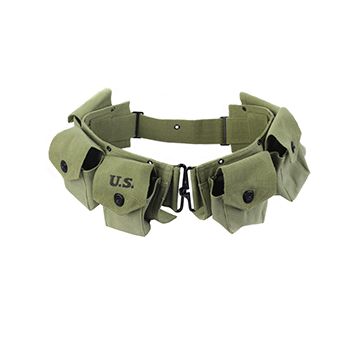Side view of M1942 BAR Ammo Belt with 6 pouches, each with popper style button closures.