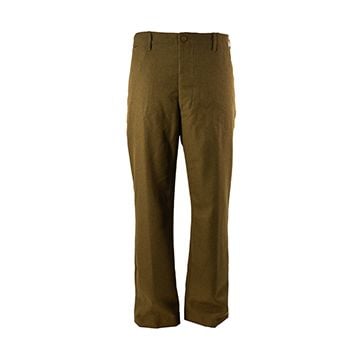 Front view of green American M37 Wool Trousers with 5 brass coloured button fly