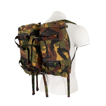 This view shows the Original Dutch Army Day Pack / Side Pouches worn. Thumbnail.