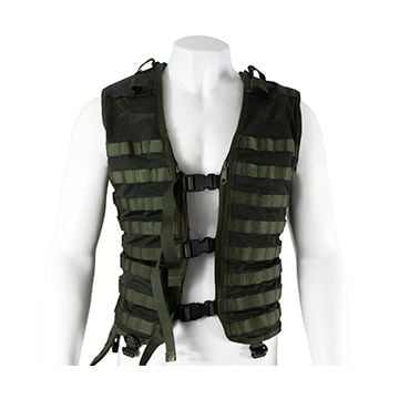 This view shows the front of the Original Dutch Army Molle Vest with Leather - Olive. Thumbnail.