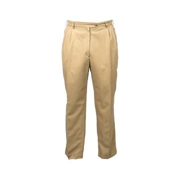 A pair of beige trousers with pleats and belt loops, shown front-on against a white background.
