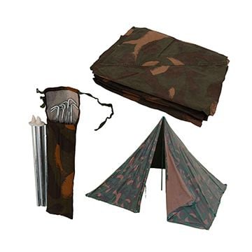 This view shows the peg bag, ponchos and set up as a tent. Thumbnail.