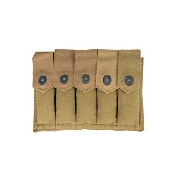 Front view of khaki canvas Original US Thompson 5-mag Ammo Pouch with black popper style button closures