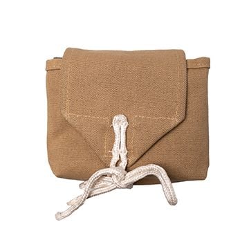 Side view of a khaki canvas US Airborne rigger pouch with a khaki rope tie closure