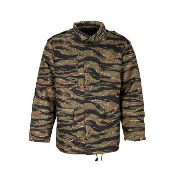 This view shows the front of the Rothco Camo M-65 Field Jacket - Tiger Stripe Camo.