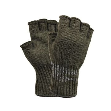This view shows the US GI Fingerless Wool Gloves in Olive from both sides. -TN