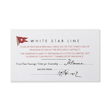 This view shows the front of the Titanic 1st Class Ticket.  Thumbnail.