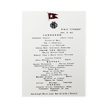 This view shows the front of the Titanic 1st Class Menu. Thumbnail.