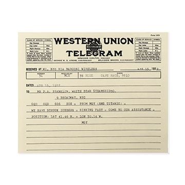 This view shows the front of the Titanic Sinking Telegram. Thumbnail.