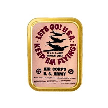 This view shows the front of the US Army Air Corps Let's Go USA Metal Tin. Thumnbnail