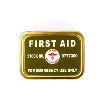This view shows the top of the US Army First Aid Metal Tin. thumbnail