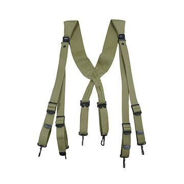 Front view of canvas khaki webbing suspenders with black clips