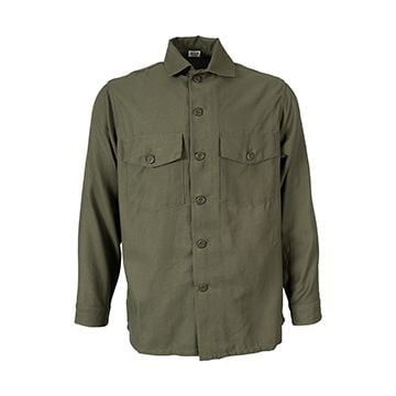 This view shows the front of the US Vietnam OG107 Combat Fatigue Utility Shirt. Thumbnail.
