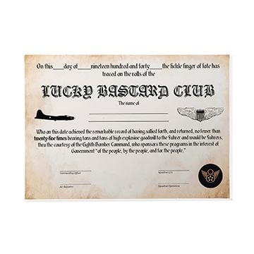 This view shows the front of the US WW2 Lucky Bastard Club Certificate. Thumbnail.