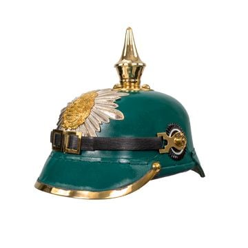 This view shows the front of the WW1 Saxony Green Leather Pickelhaube - Imperfect. Thumbnail