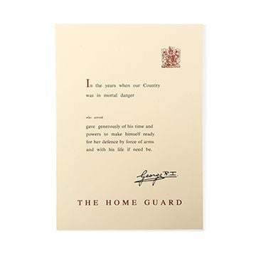 This view shows the front of the WW2 British Home Guard Certificate. Thumbnail