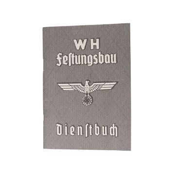 A book cover titled "WH Festungsbau Dienstbuch" featuring a graphic of an eagle with outstretched wings above a swastika.