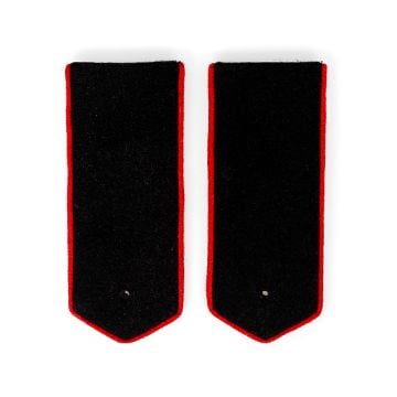 This view shows the front of the WW2 Russian Black Red Piped Shoulder Boards - Artillery. Red piping and black backing represent the rank. Thumbnail.