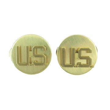 Front of pair of round, gold American EM Collar Discs both with U.S. in the middle
