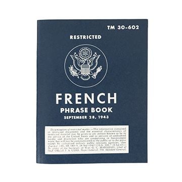 This view shows the front of the WW2 US Soldiers Basic French Phrase Book. Thumb