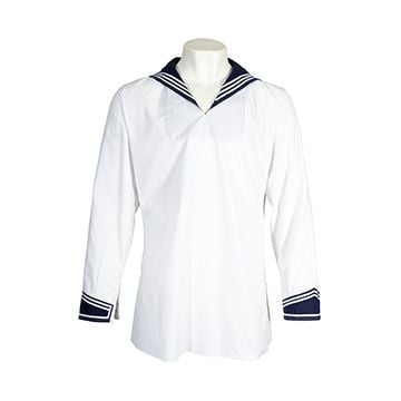 Front view of white Original Navy Top with dark blue collar - TN