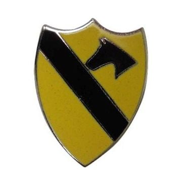 Front view of shield shaped enamel 1st Cavalry Pin Badge badge, with a yellow background and a black diagonal stripe running from the top right corner to the bottom left. In the top left corner is a black silhouette of a right-facing horse head