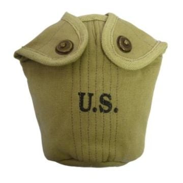 Green canvas American Army Water Bottle Cover with US stamped on the front in black