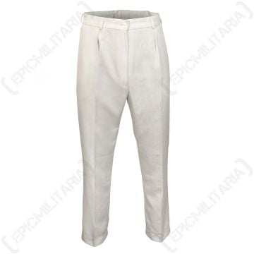 Front view of pair of Original British Womens White Military Trousers on white background