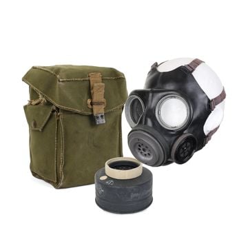 This view shows the front of the Original British Army M44 Gas Mask with Bag. Thumbnail.