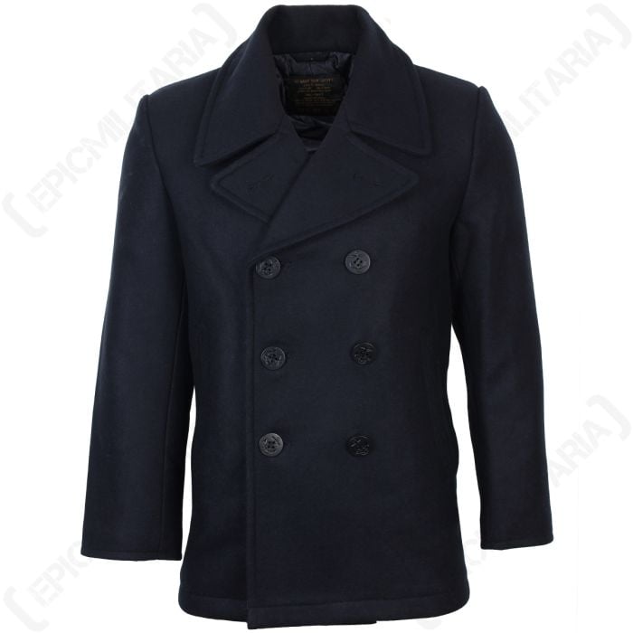 A front view of a Dark Blue US Navy Pea Coat.