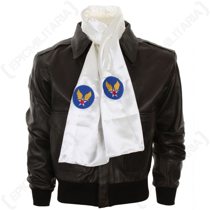Front of brown pilot jacket with white neck scarf. On each end of the scarf is a blue circle with a white star with gold wings.