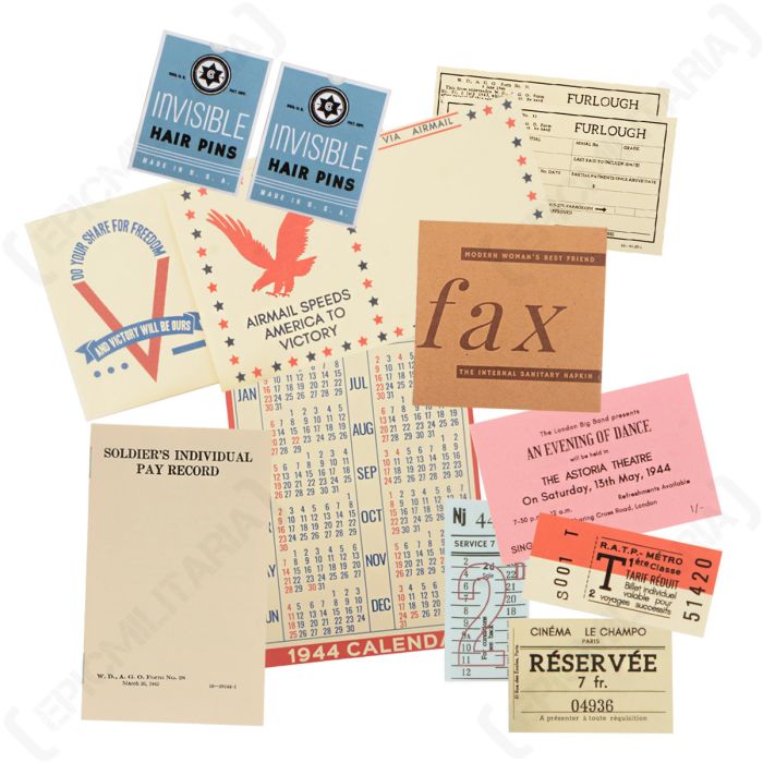 WW2 WAC Handbag Filler including packets of hair pins, soldier's pay records, and furlough passes