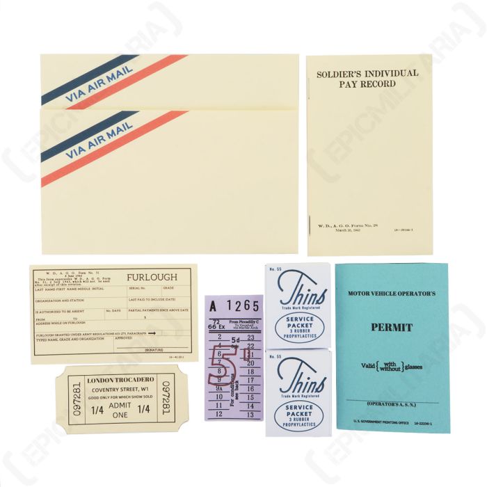 WW2 US Class A Pocket Filler Set including motor vehicle operator's permit, furlough pass and airmail envelopes