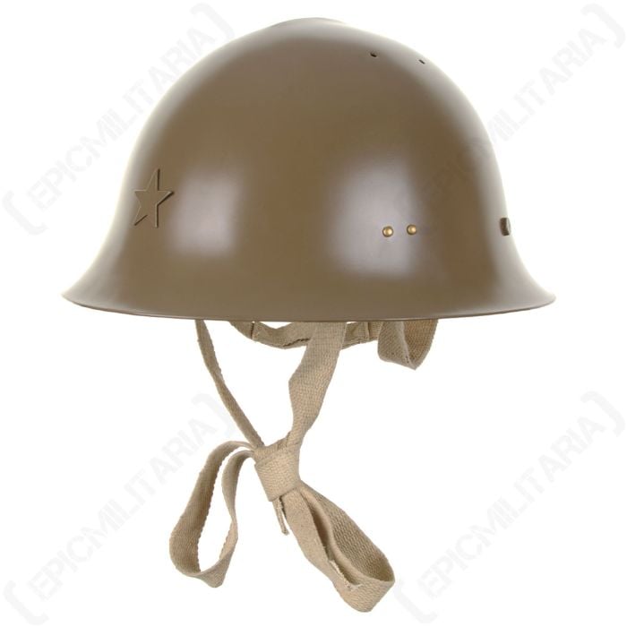 Left side view of olive drab helmet with olive drab star on the front. Khaki coloured chin straps hanging down from inside helmet.