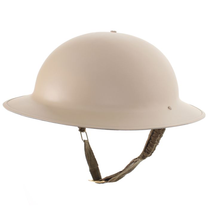 This view shows the front of the WW2 British Brodie Helmet - Desert.