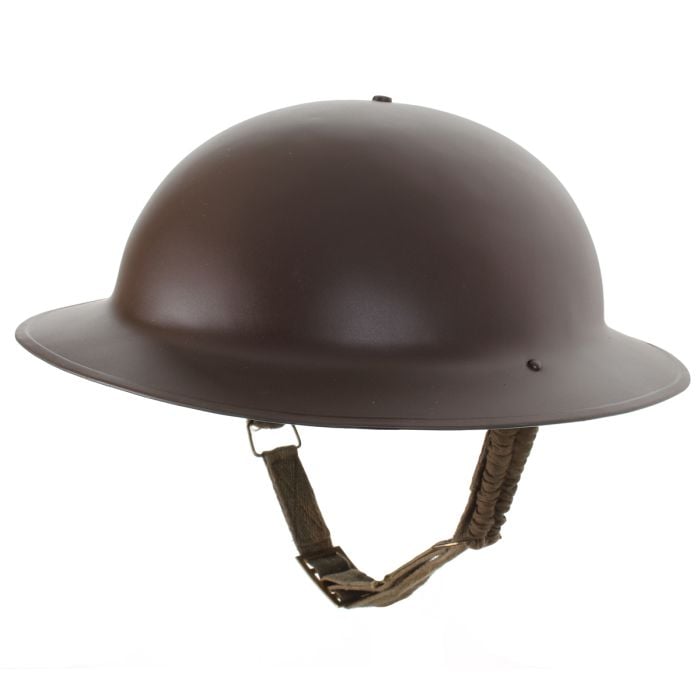 This view shows the front of the WW2 British Brodie Helmet - Service Brown