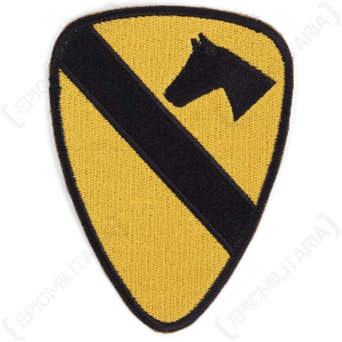 Shield shaped yellow embroidered patch with black outline and black slashing running from the top right hand corner to the bottom left, with a right facing black silhouette of a horse head in the right corner