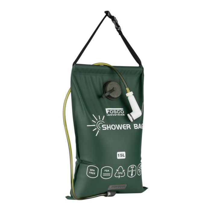 This view shows the front of the shower bag.