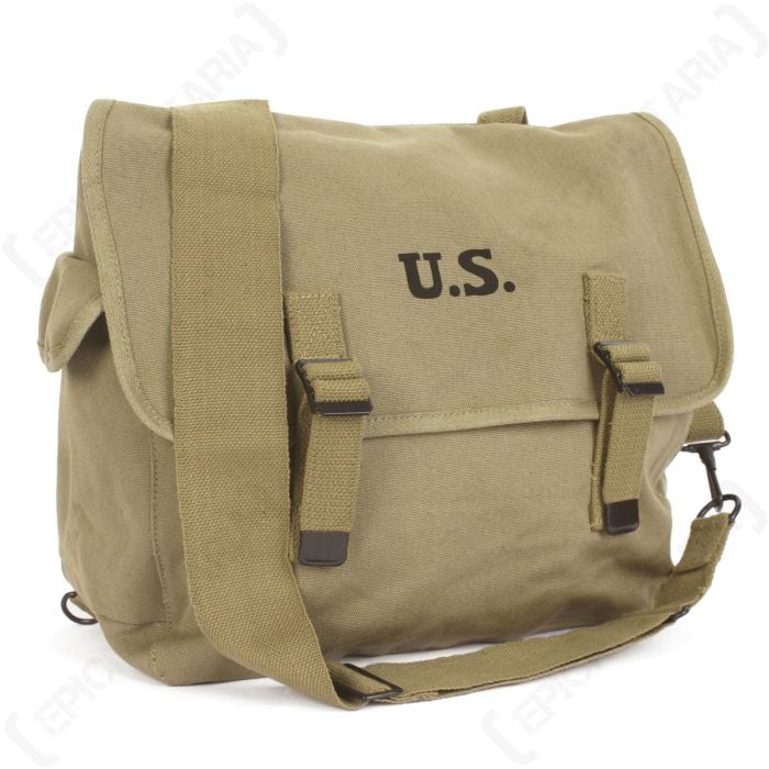Front view of a WW2 Stamped US M1936 Musette Bag and Strap - Khaki, with the attached strap on display.