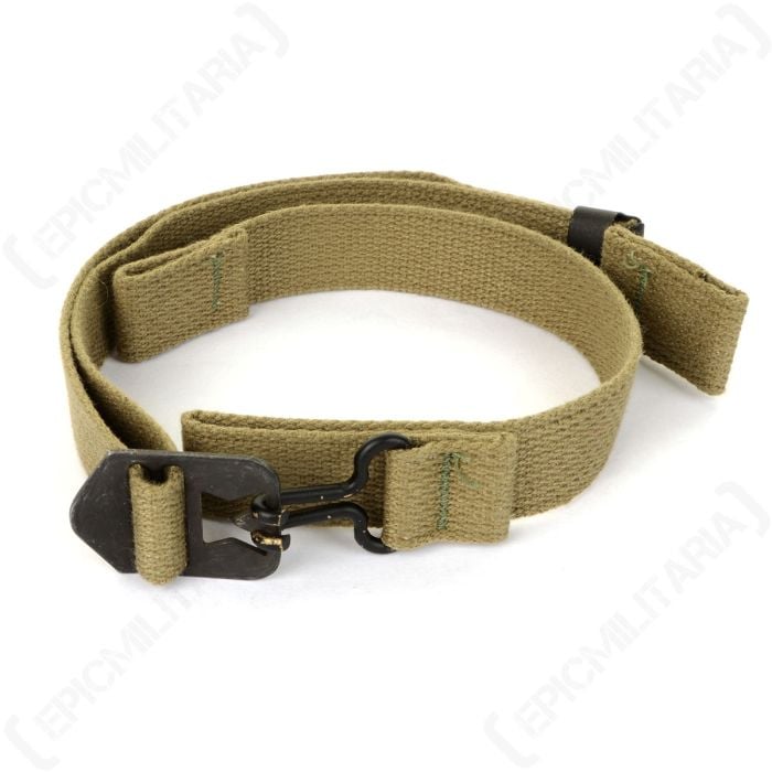 Buckled up top view of khaki US M1C 2nd Type Chin Strap with olive green buckle