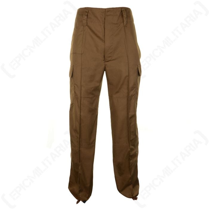 Front view of pair of Original South African Defence Force trousers in nutria brown. The trousers have a cargo-style pocket on the side of each leg. The trousers are on a white background.