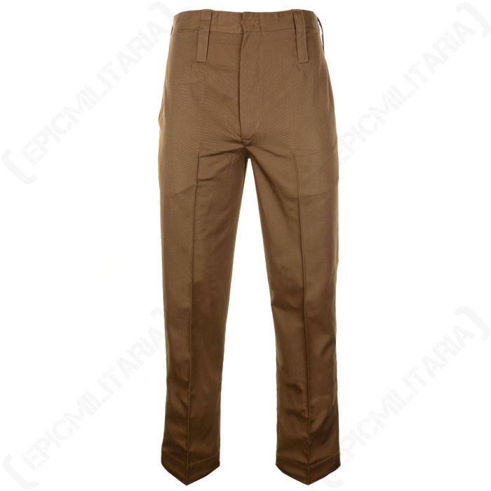 Front view of a pair of brown trousers with belt loops, on a white background.