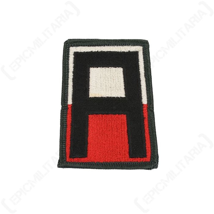 Front view of embroidered US 1st Army patch, showing a black A on a white and red background
