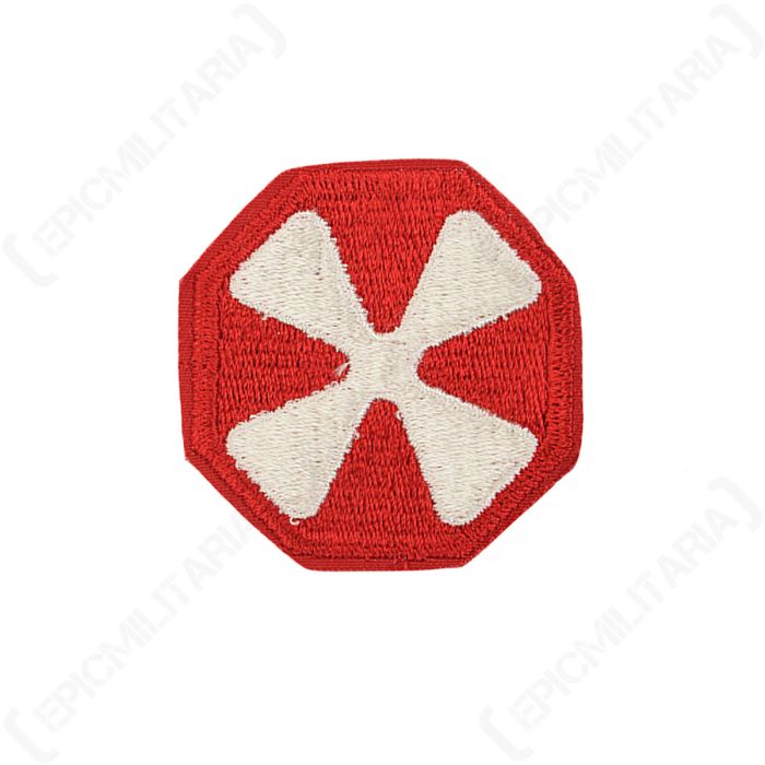 Front view of embroidered US 8th Army patch, featuring a white fan shape on a red background