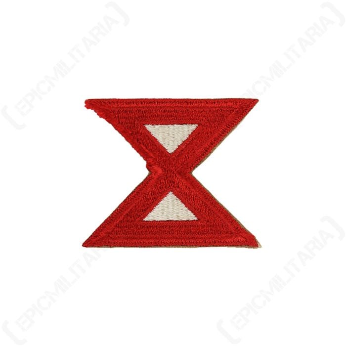 Front view of red and white embroidered patch