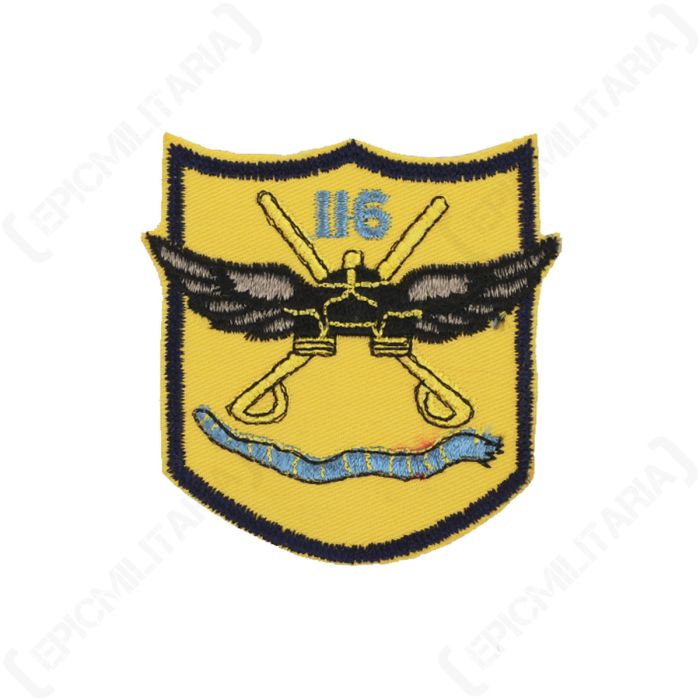 Front of yellow, shield-shaped embroidered patch with blue snake at the bottom and the numbers 116 at the top, with two crossed swords in the middle
