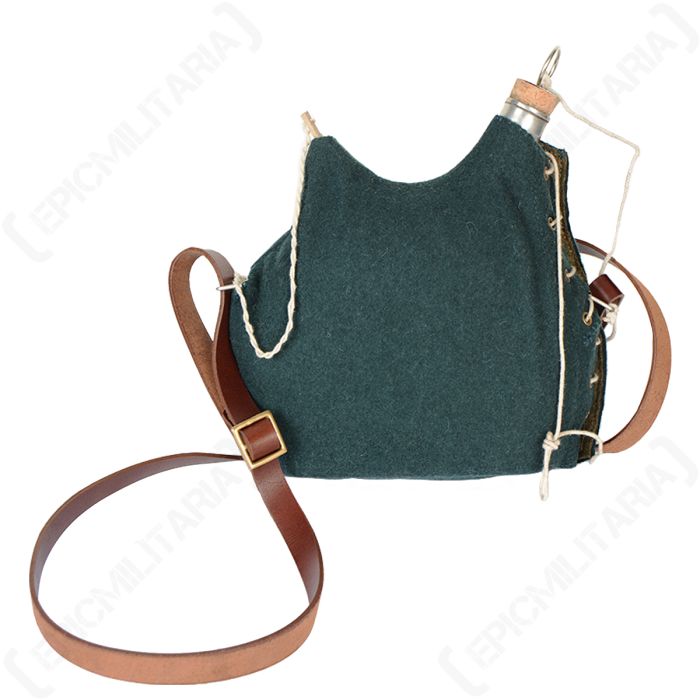 Side on image of a metal canteen with wooden cork, the canteen is placed inside a dark green woolen bag with a brown leather strap.